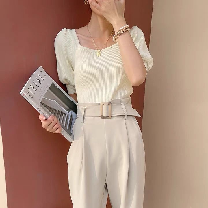 Áo Dệt Kim Mỏng Tay Ngắn Phồng Cổ Vuông Thời Trang Xuân Hè Mới 2021 Cho Nữ