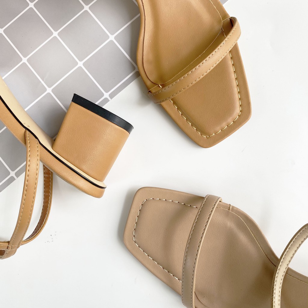 Sandal nữ cao 5 phân quai mảnh gót vuông bảng ngang may chỉ trang trí chính hãng HISHOO S026
