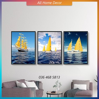Bộ 3 tranh treo tường Canvas Thuyền buồm có khung viền (CV04A2)