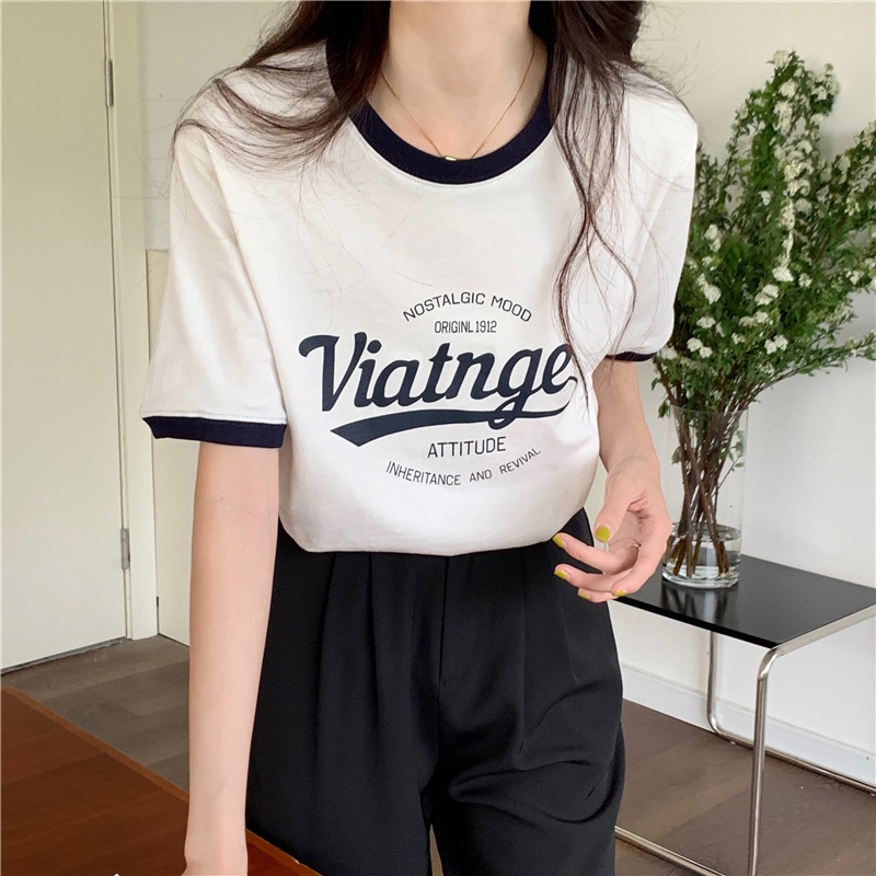 Áo thun SUXI cotton tay ngắn dáng rộng in chữ phối màu sắc tương phản thời trang mùa hè cho nữ