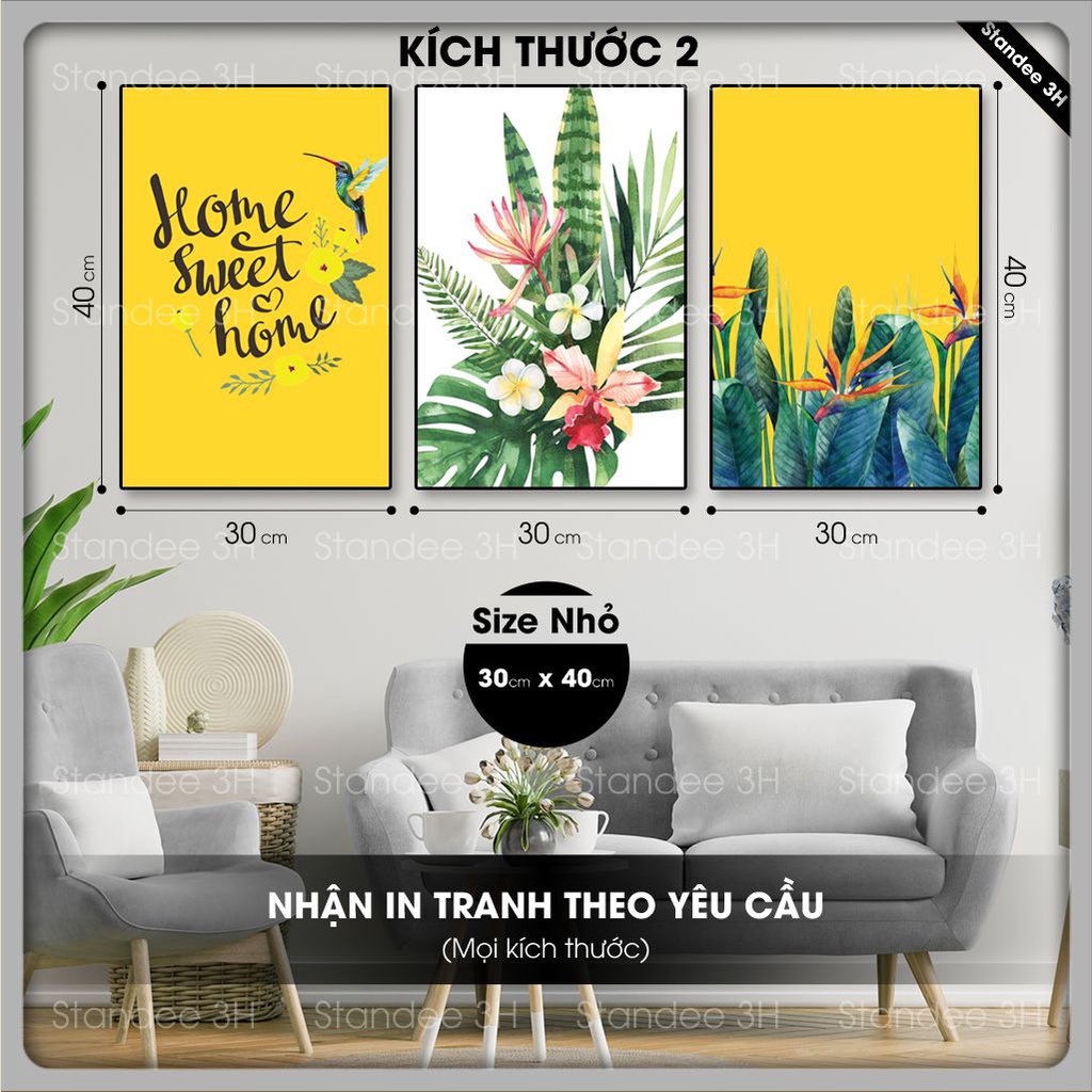 Tranh treo tường canvas khung gỗ 3 bức phong cách hiện đại Bắc Âu tranh lá cây trang trí phòng khách phòng ngủ spa |3H