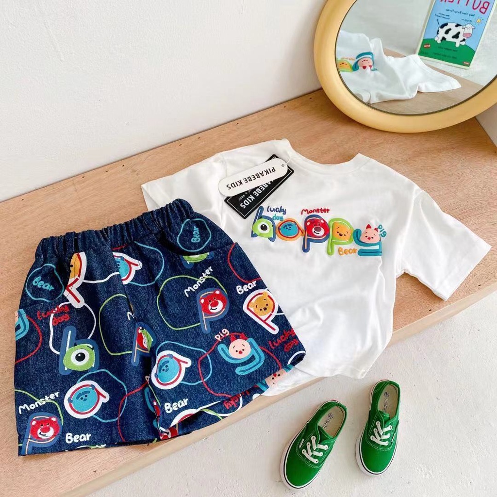 Áo Thun 100% Cotton Tay Ngắn Cổ Tròn In Họa Tiết Hoạt Hình Phong Cách Hàn Quốc Cho Bé Trai