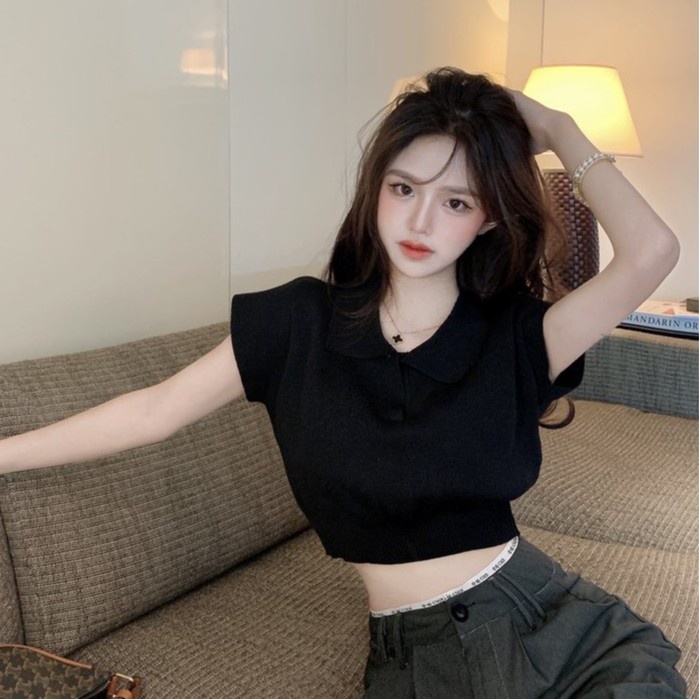 QKOOLE  Áo thun ôm cổ bẻ phong cách Hàn Quốc cho nữ