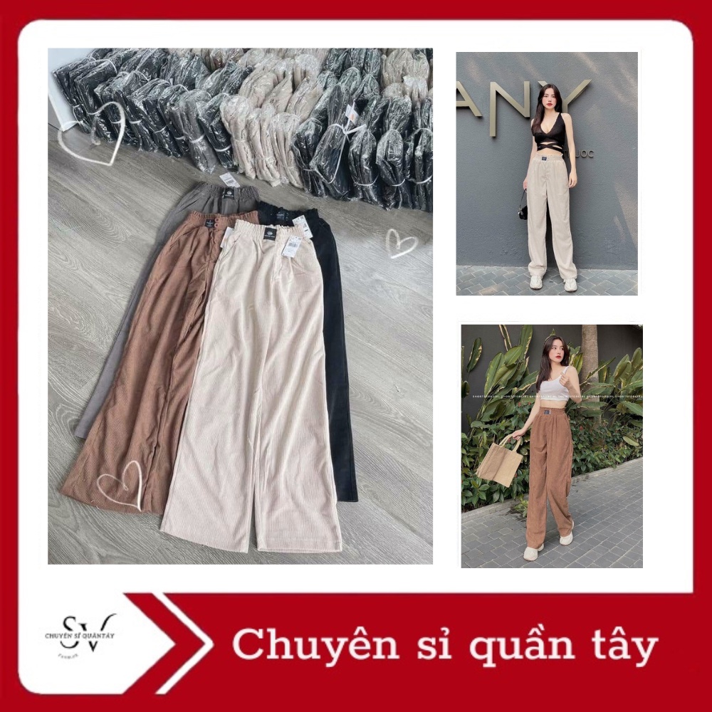 Quần Ống Suông Nữ Lưng Thun Nhung Tăm 2 Khuy 4 Màu Đen Kem Nâu Bò Chuẩn Dáng