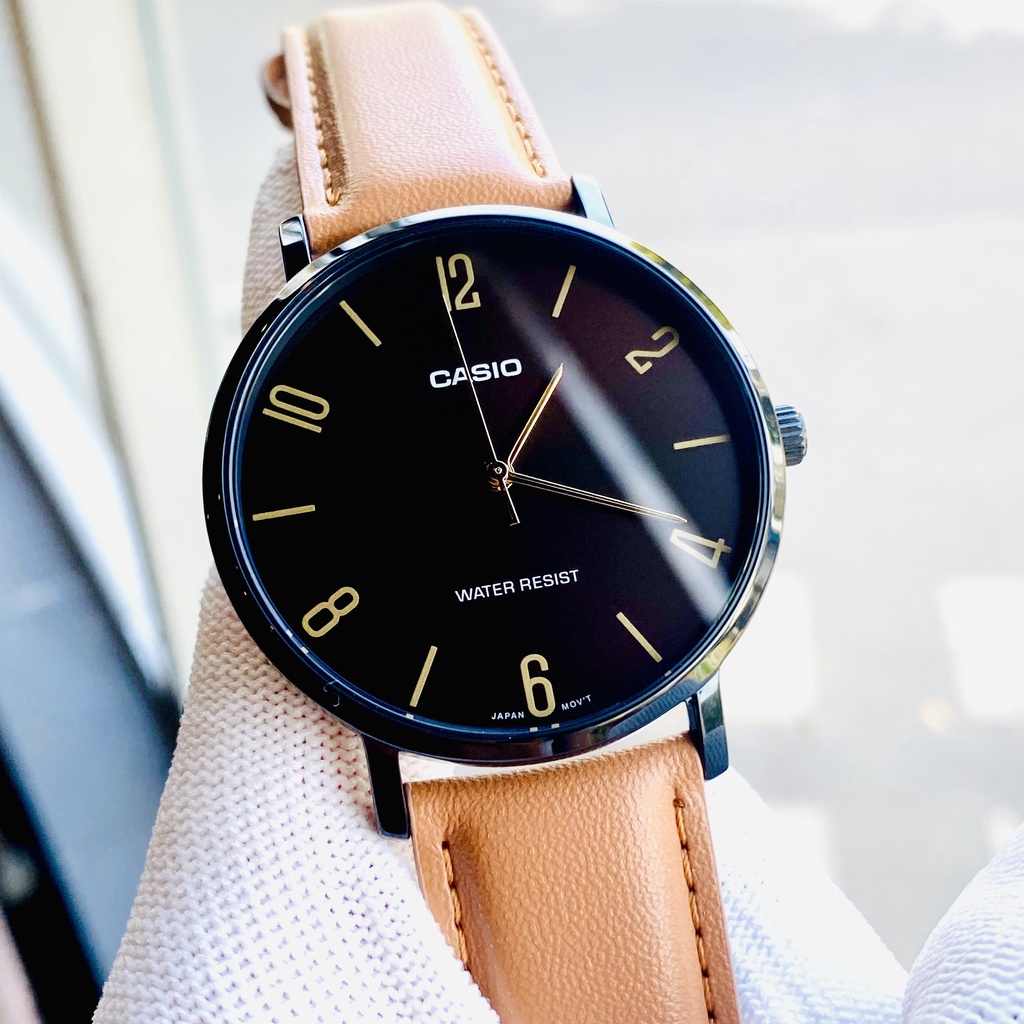 Đồng hồ nam đẹp Casio MTP VT01BL-5B Dây da mặt đen viềng mạ ion Size 40mm chống nước 3ATM Bảo hành 1 năm Hyma watch
