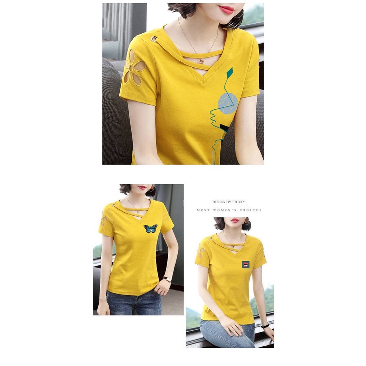 Áo Thun Cotton Tay Ngắn Cổ Chữ V Màu Trơn Thiết Kế Khoét Rỗng Thời Trang Mùa Hè Hàng Mới 2020
