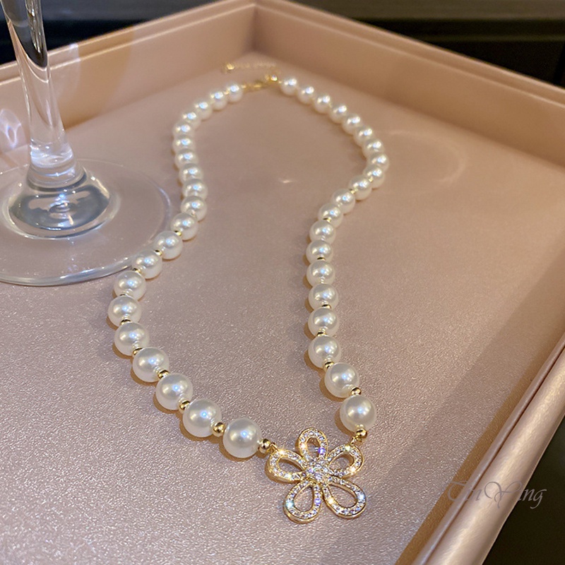 GETNOIVAS Vòng cổ Mặt Hình Bông Hoa Đính Đá Và Ngọc Trai Thời Trang Dành Cho Nữ