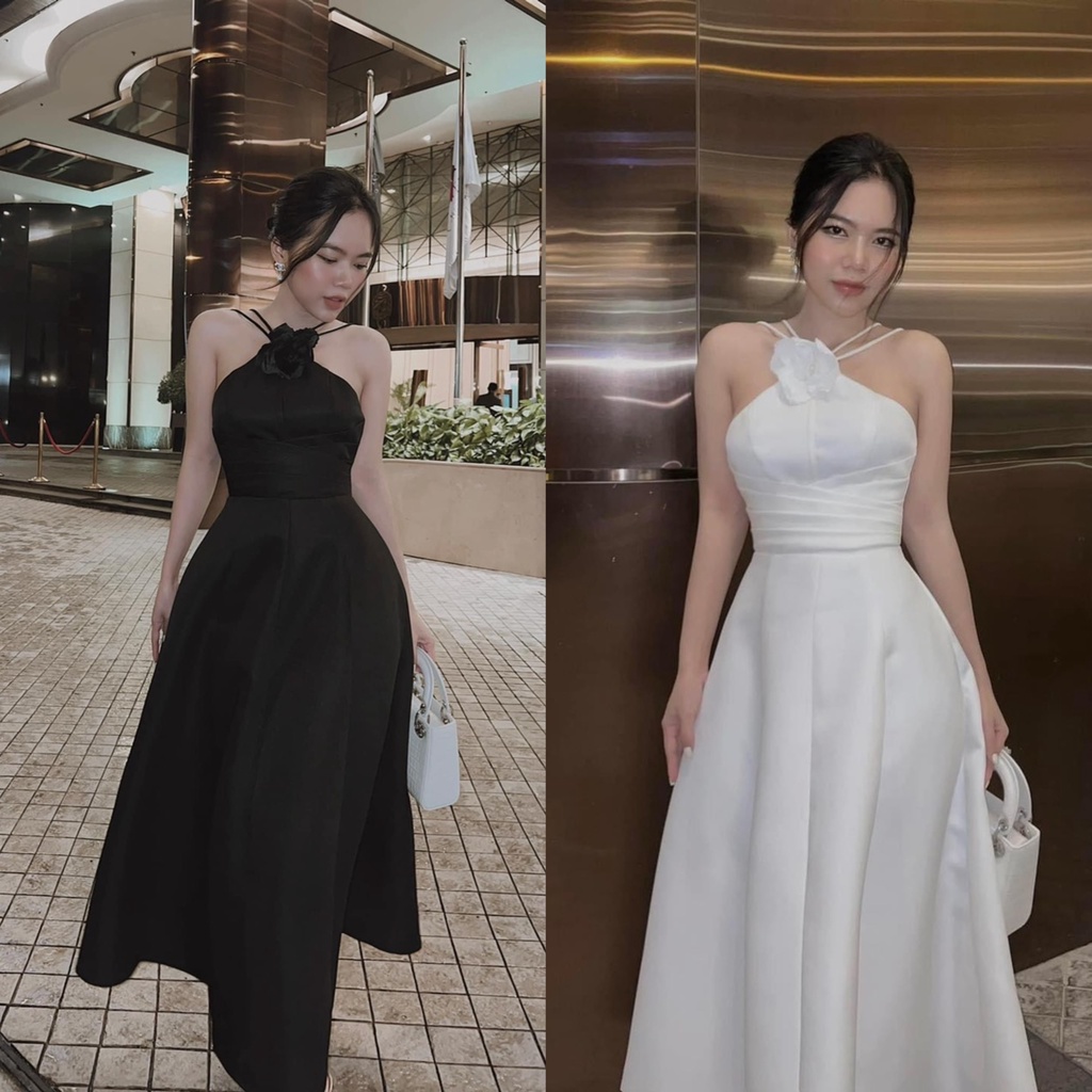 ĐẦM MAXI CỔ YẾM NƠ HỞ CHÉO DÂY LƯNG