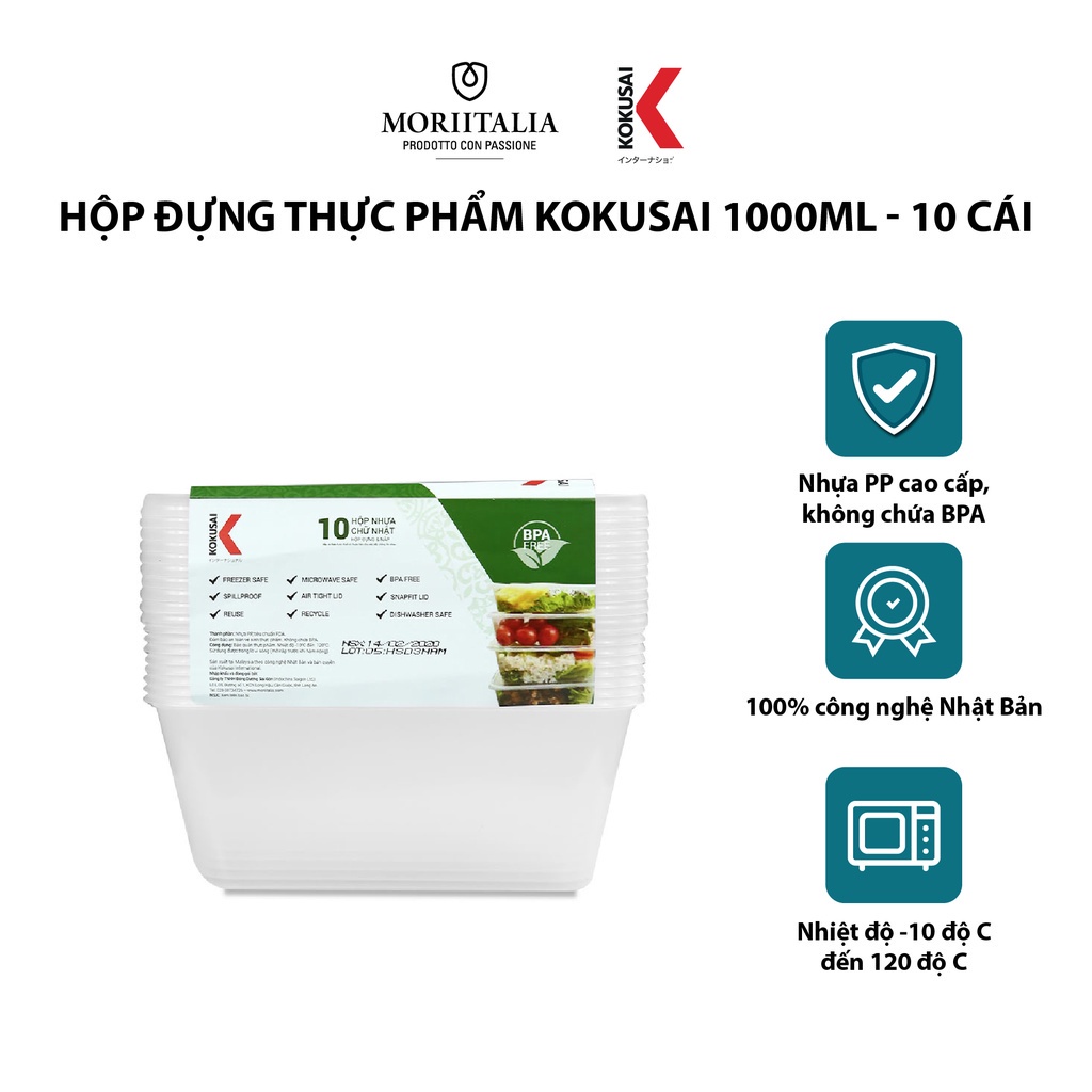 Hộp nhựa đựng thực phẩm Kokusai 1000ml Lốc 10 cái an toàn tiện lợi Moriitalia HDK009782
