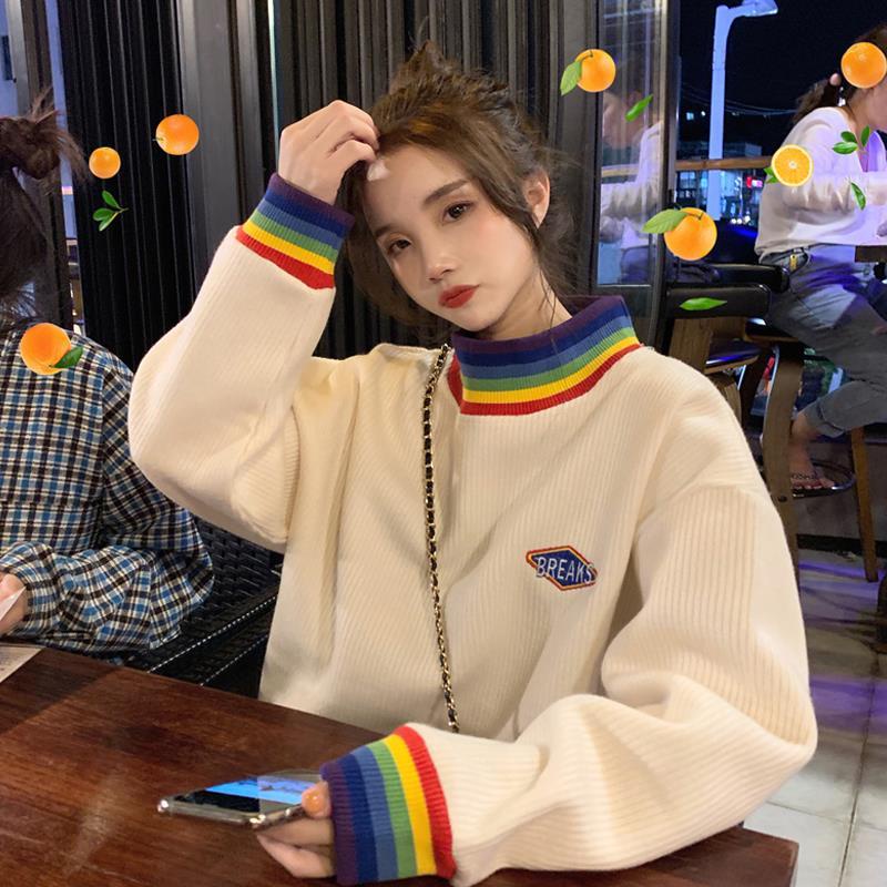 MỚI Áo hoodie tay dài cổ cao dáng rộng phong cách Hàn Quốc