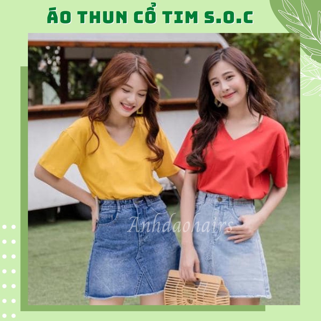 Áo Thun Nữ Cổ Tim S.O.C Size Từ 40-75kg,Vải Trơn,Nhiều Màu,Phom Rộng,Coton 4c Dày, Co Giãn Tốt, Vải Cực Đẹp,Giảm Giá 50%