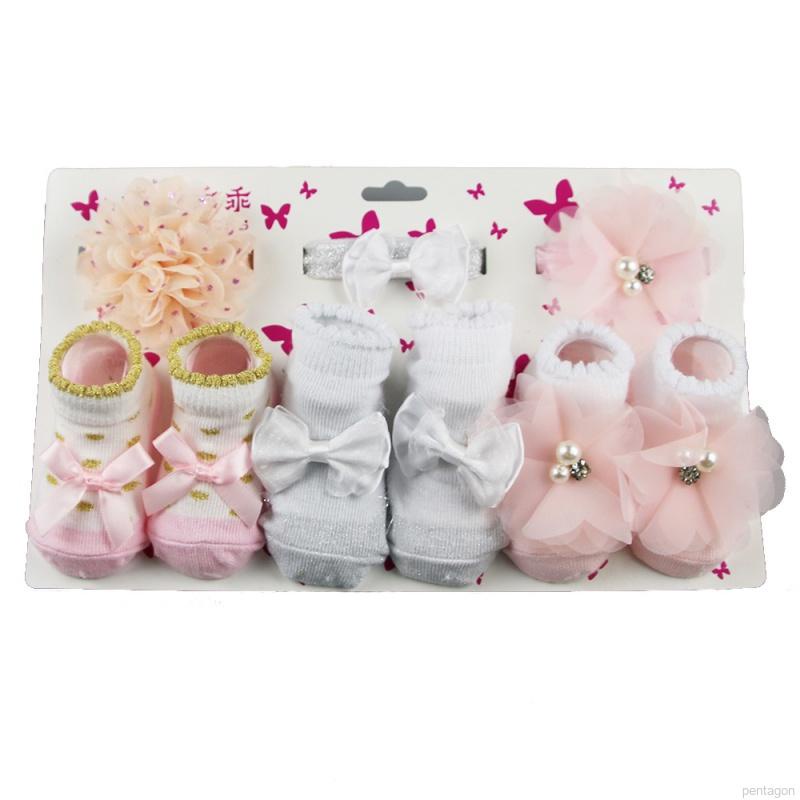 Set 3 món vớ cotton chống trượt đính nơ + băng đô xinh xắn cho bé