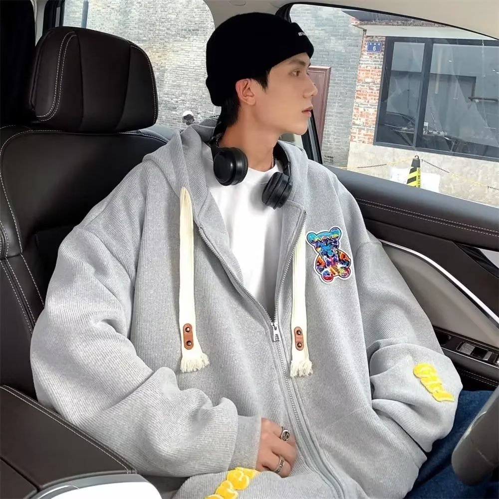 Áo Khoác Cardigan Có Mũ Trùm Dáng Rộng Thêu Họa Tiết Hoạt Hình Đơn Giản Kiểu Retro Hàn Quốc Cho Nam