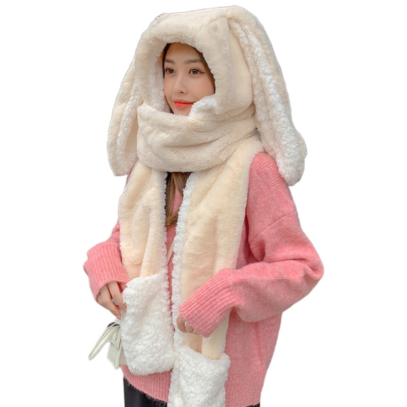 Bộ Khăn Choàng + Mũ Lông Thỏ + Găng Tay Chống Gió Ấm Áp Đáng Yêu Cho Nữ