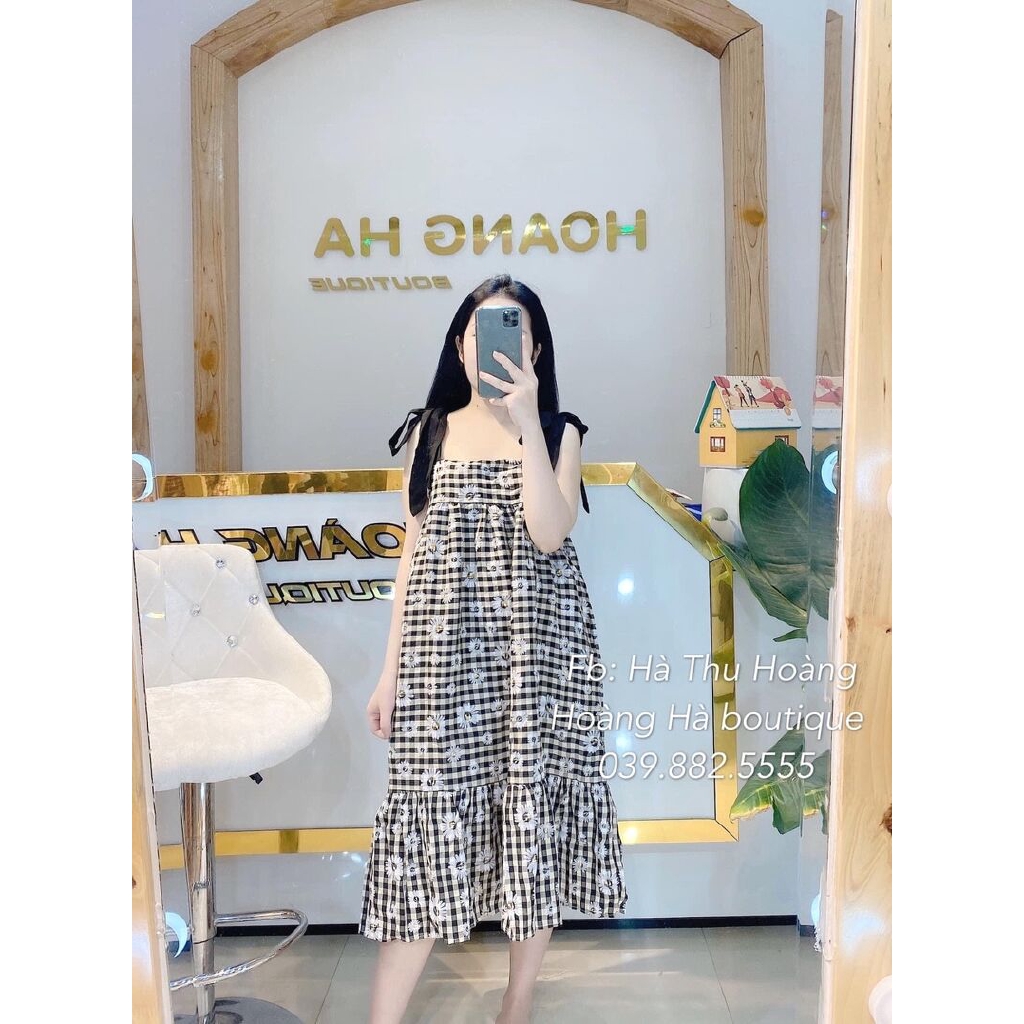 VÁy 2 dây hoa cúc pha kẻ