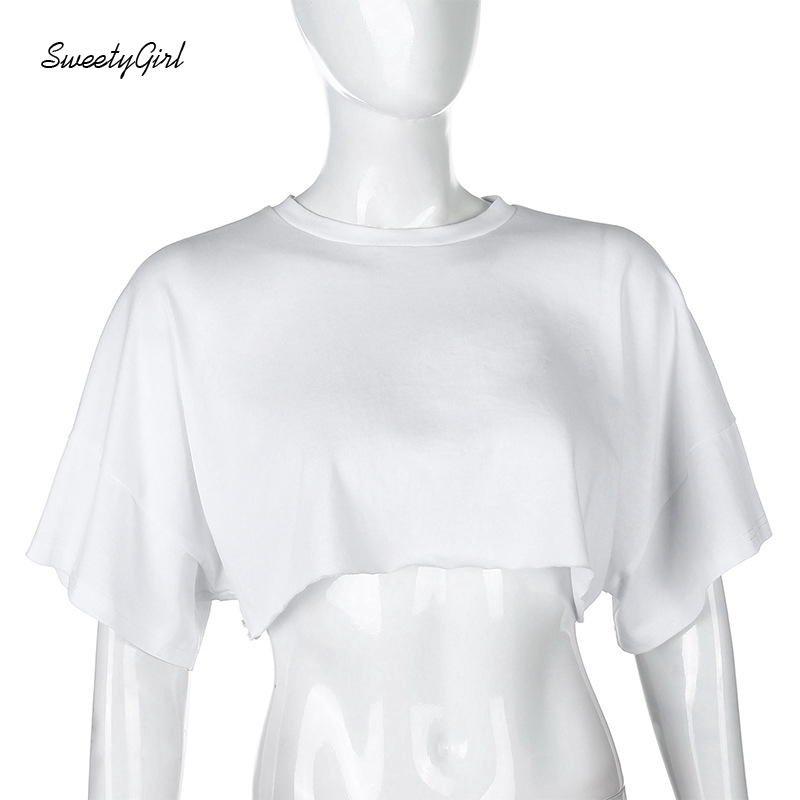 Áo Thun Croptop Tay Ngắn Cổ Tròn Màu Trơn Thiết Kế Dễ Thương