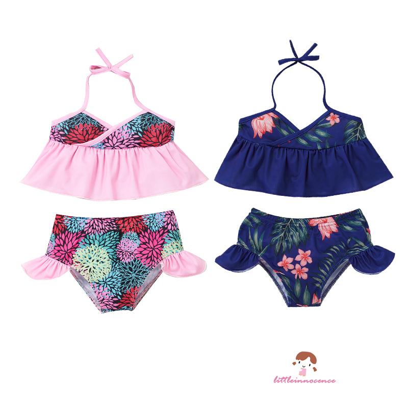 Bộ Đồ Bơi Bikini Hai Mảnh Cổ Chữ V Hở Lưng + Quần Nhún Bèo Dành Cho Trẻ Em Q7