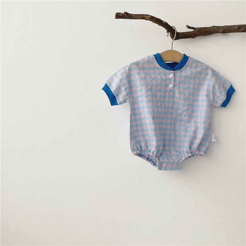 Áo Liền Quần Tay Ngắn Chất Liệu Cotton Họa Tiết Sọc Caro Cho Bé Trai 0-18 Tháng Tuổi