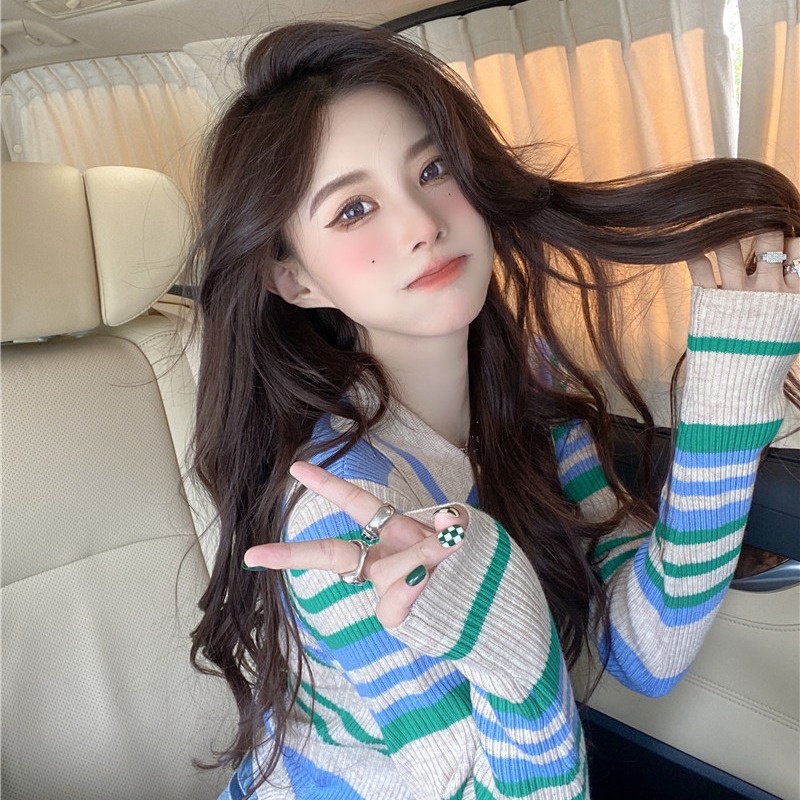 Áo sweater ZHELIHANGFEI dệt kim tay dài cổ polo eo cao kẻ sọc cá tính