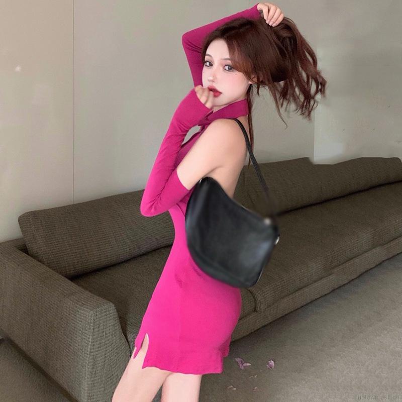 Đầm xẻ tà cổ yếm ôm dáng thời trang cho nữ