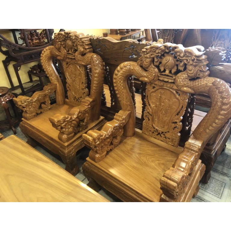 Bộ bàn ghế lưỡng long chầu nguyệt gỗ gõ đỏ tay 12 – BBG1802