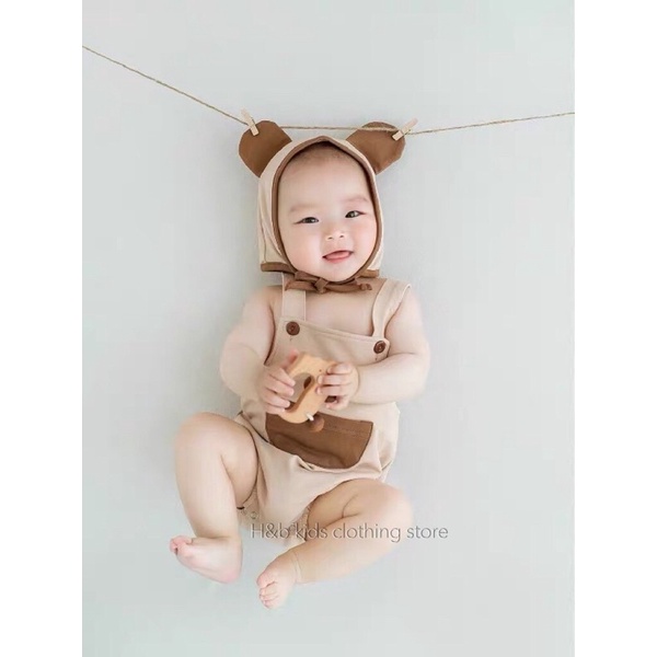 Set body 2 dây bé trai bé gái chất cotton kèm mũ xin xò_Quần áo trẻ em