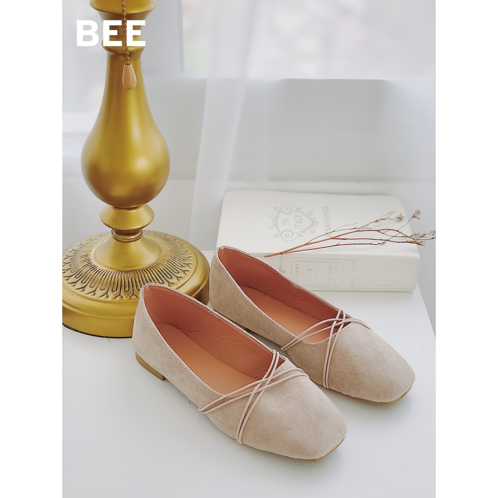 BEESHOES - GIÀY BÚP BÊ NỮ MŨI VUÔNG DẾ BẰNG ĐI SIÊU ÊM SIÊU MỀM - GIÀY BÚP BÊ NỮ QUAI ĐAN ĐI ÔM CHÂN  MÀU ĐEN-BE