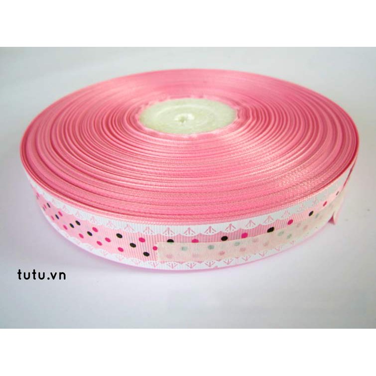 RUY BĂNG GÂN 25MM HỌA TIẾT CHẤM BI VIỀN HT25-005, RUY BĂNG DIY HANDMADE LÀM NƠ BỜM KẸP TÓC