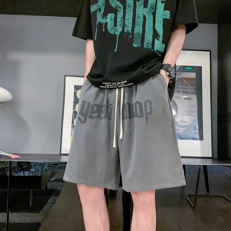 Quần Short Thể Thao Ống Rộng Màu Trơn Phối Dây Rút In Chữ Thời Trang Hàn Quốc Cho Nam