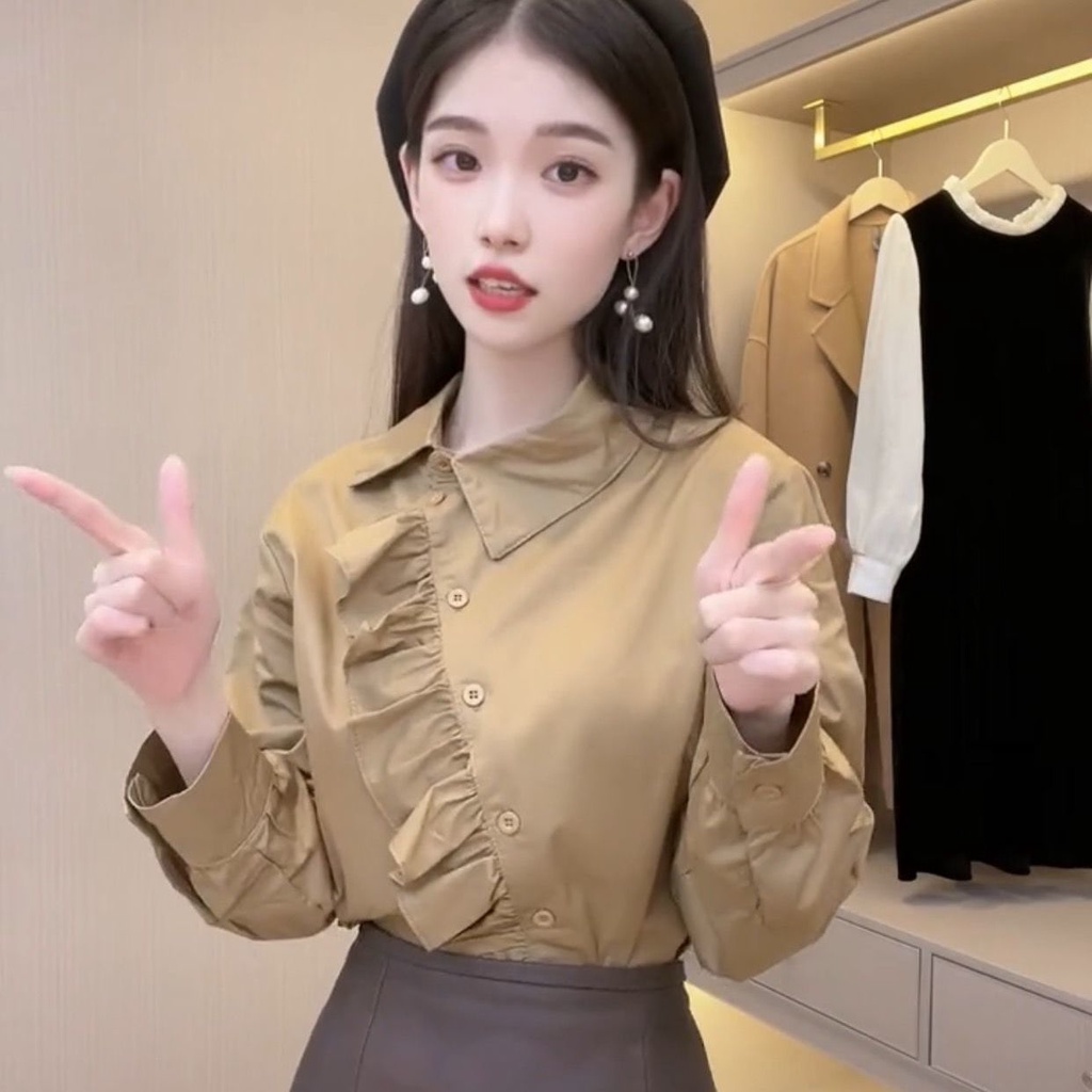 Wu Xiaotong Studio Áo Sơ Mi Mỏng Màu Trơn Cài Nút Ren Sớm Thời Trang Cổ Điển