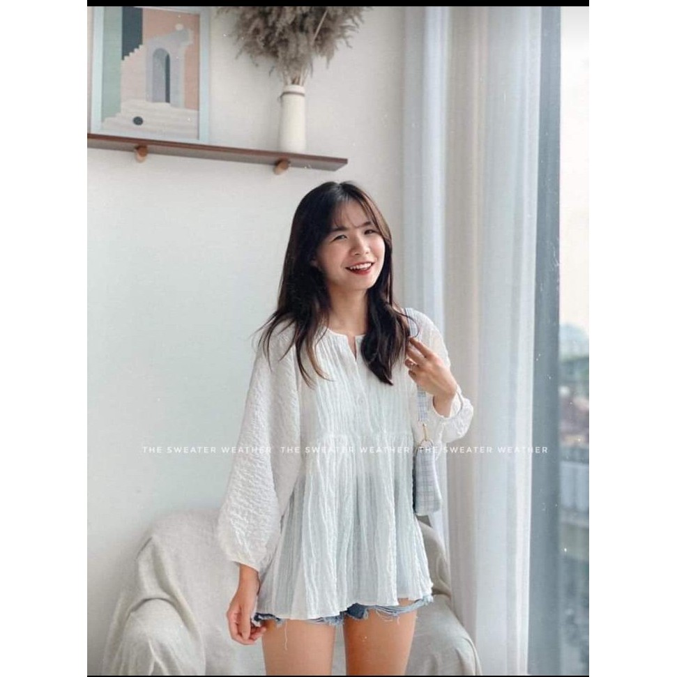 Áo babydoll chất đũi nhăn & quần sooc quần bò, mặc dạo phố, điên biển, đi làm đều thoải mái nhé.