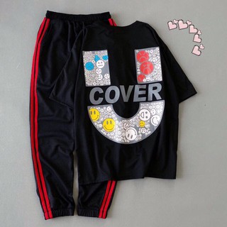 Set áo tay lỡ Social Uncover màu đen + quần thun màu đen sọc đỏ Unisex