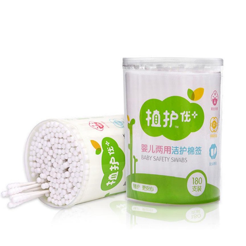 Hộp 180 Tăm Bông Cotton Hai Đầu Có Tay Cầm Giấy Cho Người Lớn Và Trẻ Em