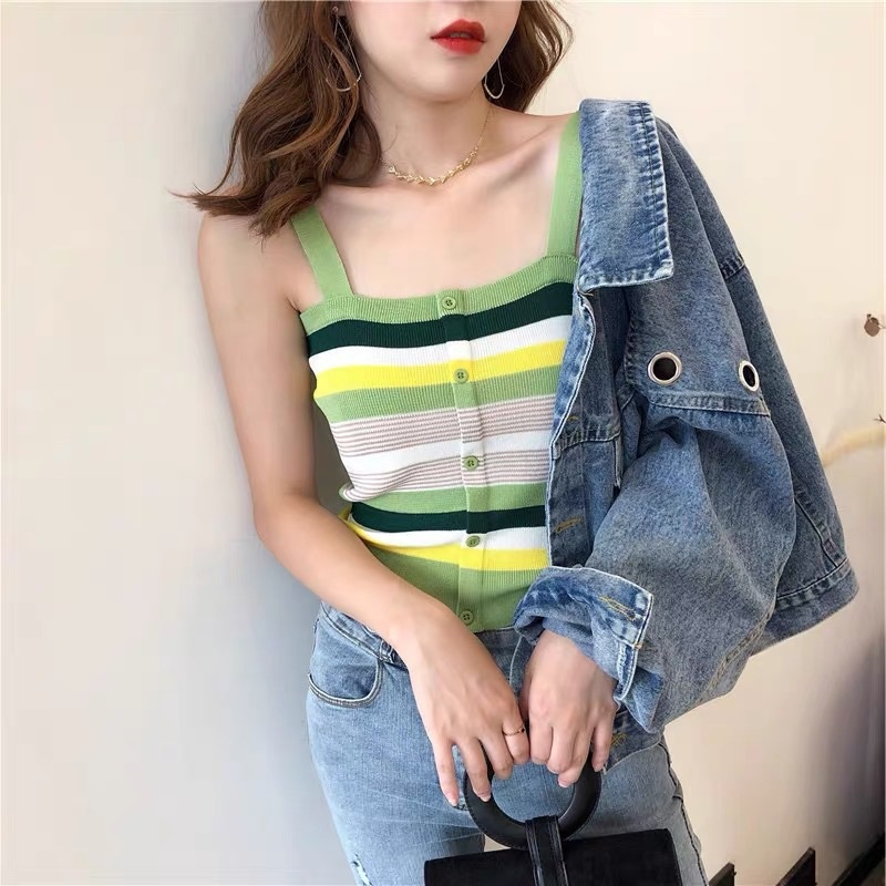 Áo croptop hai dây dệt kim họa tiết kẻ sọc nhiều màu sắc thời trang mùa hè cho nữ