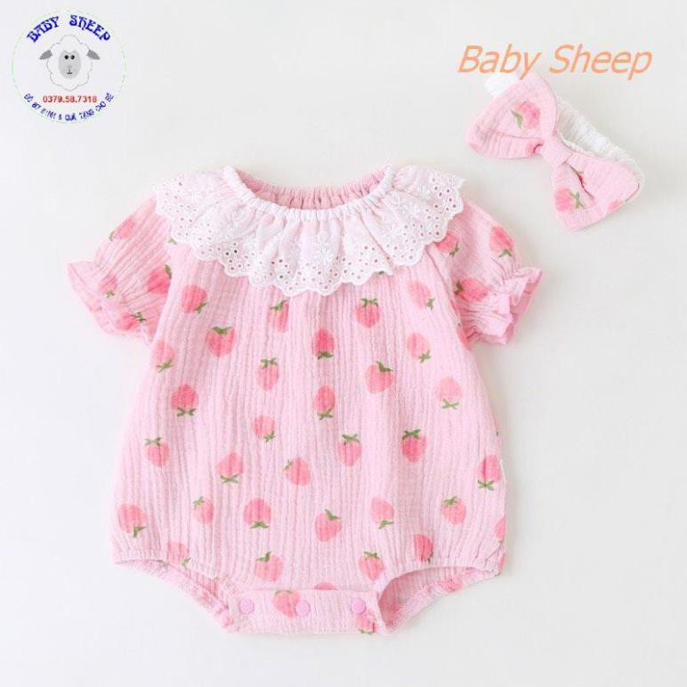 Body dâu cộc tay chất xô muslin cao cấp kèm băng đô cho bé gái 0-2 tuổi không nhăn và sổ lông