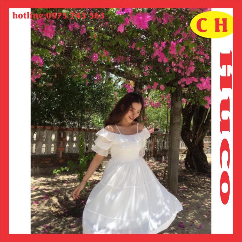váy voan tơ hai dây trễ vai, đầm tiểu thư maxic đi biển có bèo nhún tay lỡ chun nhẹ,váy trắng xòe nhiều tầng hai lớp lót | BigBuy360 - bigbuy360.vn
