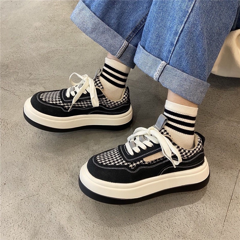 Giày Thể Thao Nữ Đế Độn Hoạ Tiết Houndstooth Đế Bánh Mì Tăng Chiều Cao HotTrend FLORA G23