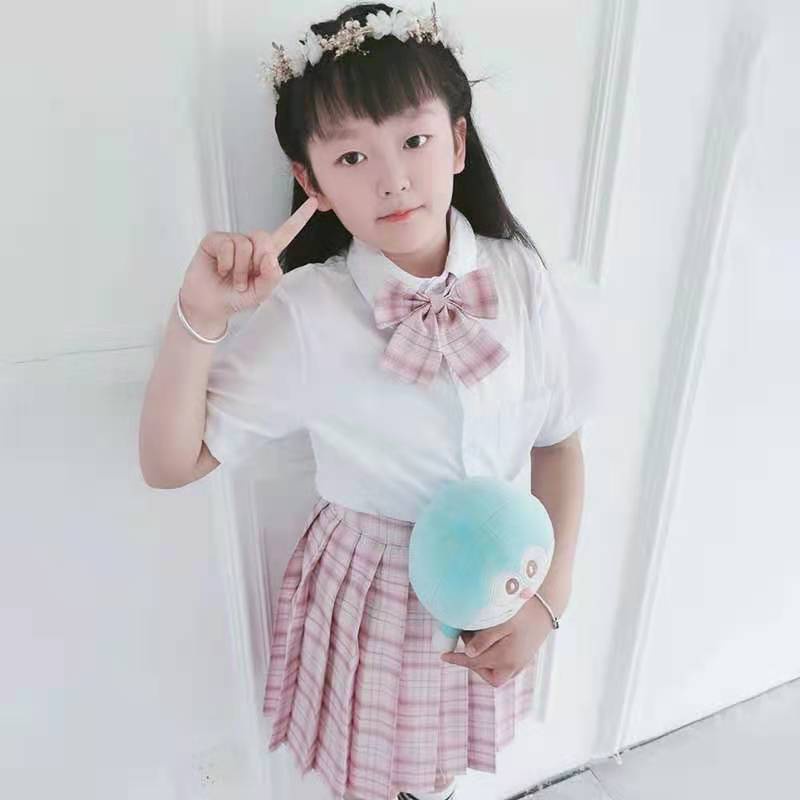 ㍿◎Bộ đồng phục trẻ em JK trọn bộ của học sinh tiểu học kiểu đại học xếp ly nửa chiều dài chân váy kẻ sọc nữ đồng phục họ