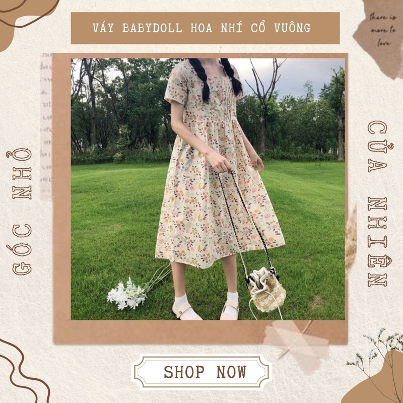 Váy Babydoll Hoa Nhí Vintage Cổ Vuông Xếp Ly Ngực