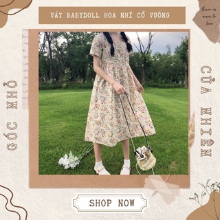 Váy Babydoll Hoa Nhí Vintage Cổ Vuông Xếp Ly Ngực (ẢNH THẬT+VIDEO)