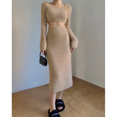 Áo lông chồn / Chân váy lưng cao ôm dáng phong cách cổ điển thời trang dành cho nữ