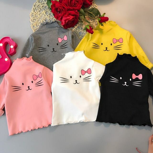 ÁO COTTON LEN CAO CỔ MÈO CUTE (2 MẪU) CHO BÉ GÁI