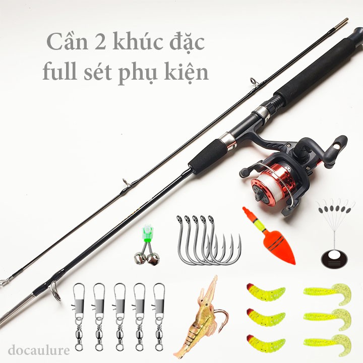 Bộ cần câu máy cần câu 2 khúc đặc kèm + máy câu 200 cuốn sẵn cước + full set phụ kiện