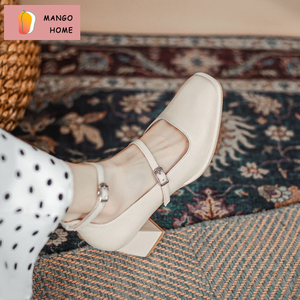 Giày cao gót da mềm mũi vuông phong cách retro