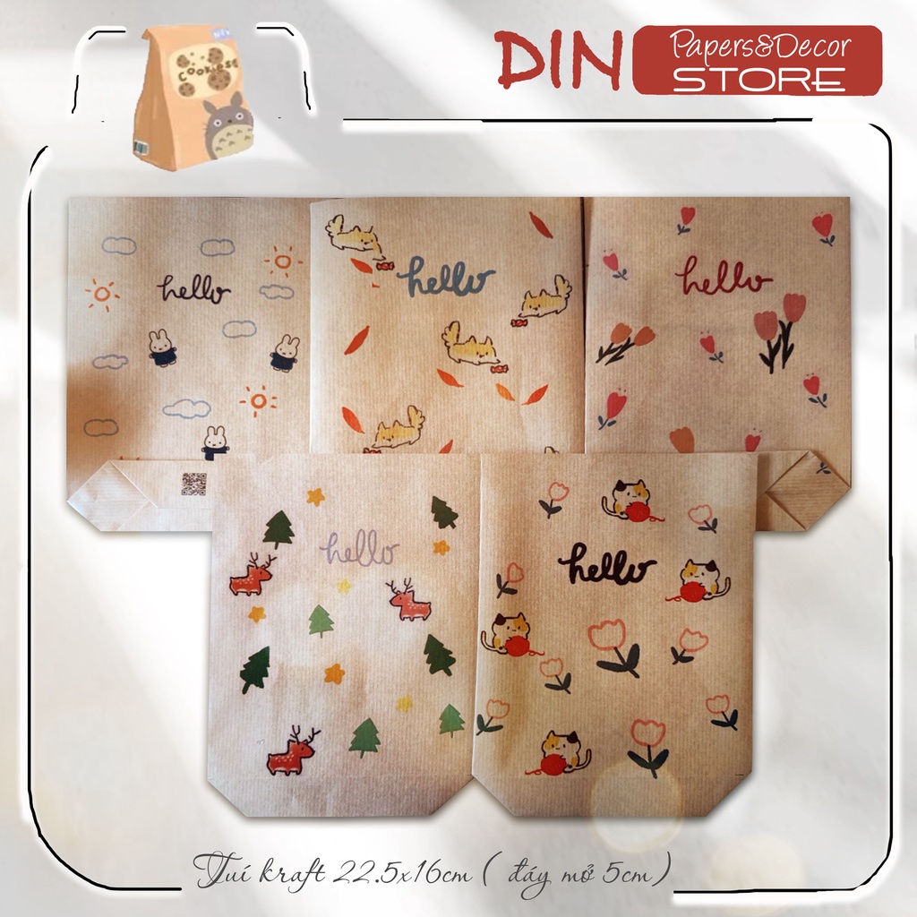 [TẶNG tem niêm phong] Túi giấy Kraft &quot;Hello&quot; KT 16x22.5cm - Bì giấy gói quà craft không quai, nắp gấp dán sticker