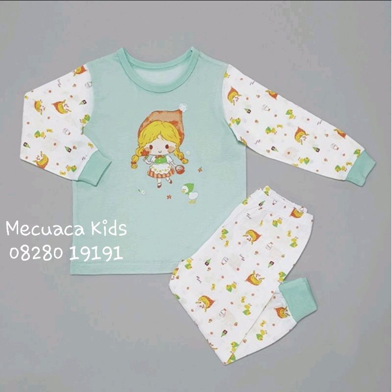 Bộ dài tay cotton giấy xuất Hàn dư xịn cho bé gái Ppippilong màu xanh cô bé