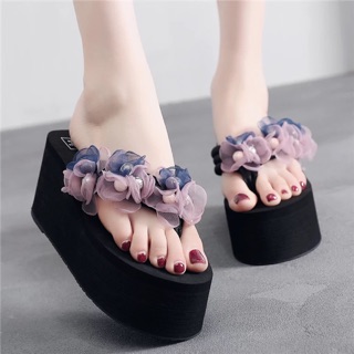 (ORDER) Dép xỏ ngón đế bánh mì đính hoa ombre nhuỵ ngọc 6-8 cm, hàng cao cấp