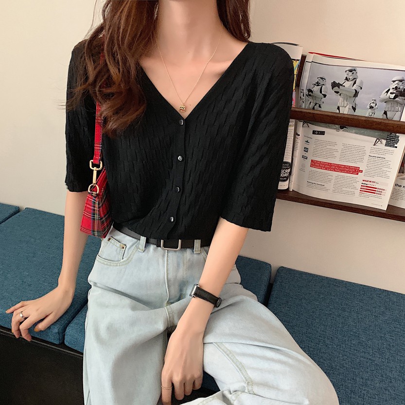Áo Dệt Kim Tay Ngắn Cổ Chữ V Dáng Rộng Phong Cách Thời Trang Hàn Quốc Dành Cho Nữ | BigBuy360 - bigbuy360.vn