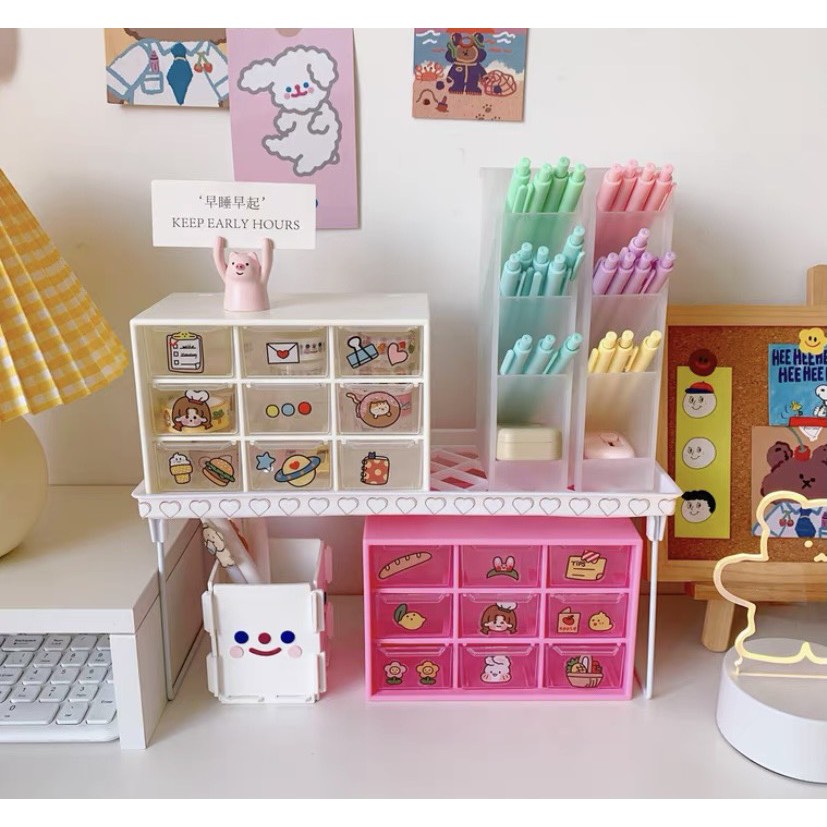 Hộp 9 ngăn kéo,kệ 9 ô mini chống bụi lưu trữ để bàn văn phòng phẩm trang sức/vòng tay/mỹ phẩm dễ thương Hàn Quốc