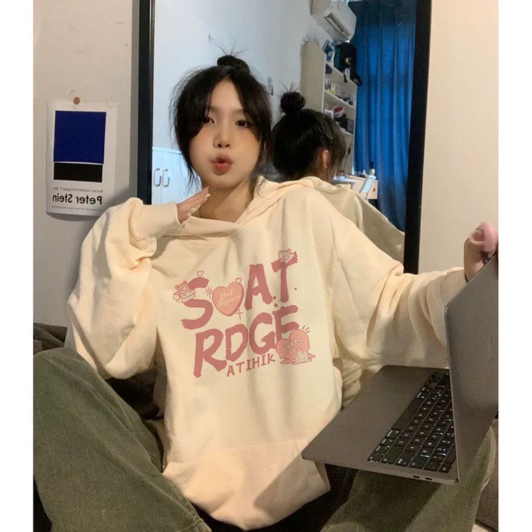 Áo hoodie SELVZE tay dài dáng rộng phong cách thời trang cho nữ
